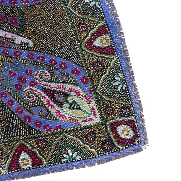 Oscar De La Renta Purple Wool Printed Sparkly Scarf fringe edges 30in Vintage - Picture 5 of 10